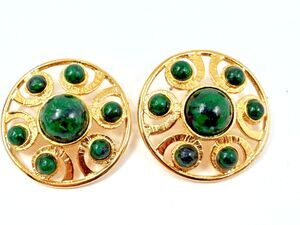 Vintage 80s Gold Tone Green Cabochon Openwork Statement Earrings Boho Chic